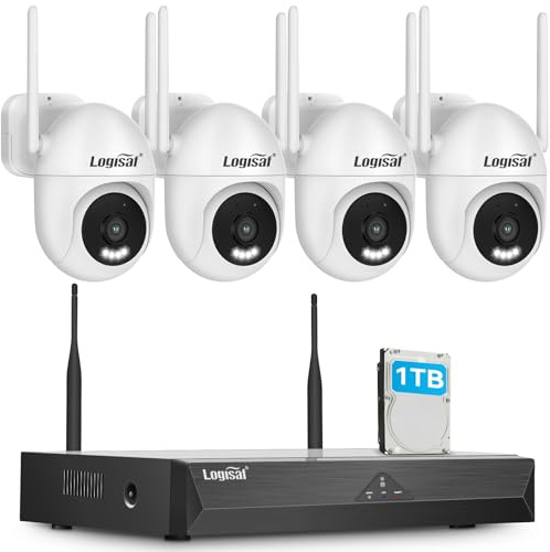Logisaf 5MP Kit Camera Surveillance Exterieure, 10CH Vidéosurveillance avec 4X 360° WiFi Caméra et 1TB HDD NVR avec Enregistrement 24/7, Suivi Automatique, Vision Nocturne Couleur, Audio Bidirectionne
