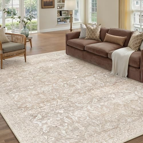 PureCozy Beige Vintage Teppich Wohnzimmer 160x230cm Waschbar | Waschbarer Teppich, Weich Rutschfest, Kurzflor im Retro, für wohnzimmerteppich Schlafzimmer Esszimmer Büro, Groß Teppich