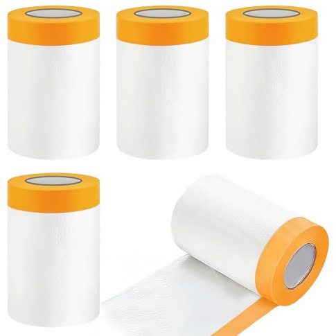 Kisizity 4 rollen abdeckfolie mit klebeband, 55cmx20m selbstklebende malerfolie, goldband masker tape, abdeckfolie klebeband für schützen sie möbel, fahrzeuge und wände vor staub und farbspritzern