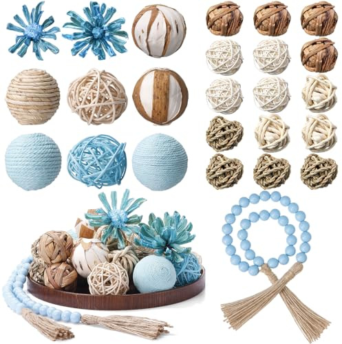 Halloscume 25 Pcs 3.15 and 1.97 Inch Decorative Balls, 20.9 Inch Garland Wood Beads Rattan Wicker Balls with Spheres Orbs Filler for Garden Table Vase Bowl Filler Centerpiece (Blue,Wicker Rattan)