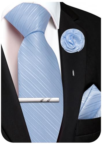 Ailisus Krawatte Herren Set Streifen Seiden Krawatte mit Einstecktuch Ansteckblume Krawattenklammer für Hochzeit Party 4PCS