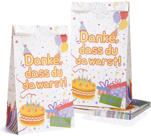 12 Stück Mitgebsel Tüten Kindergeburtstag Geschenktüten mit Aufklebern | Papiertüten für Gastgeschenke Kindergeburtstag Party „Danke dass du da warst“ 13 x 8 x 24,5 cm