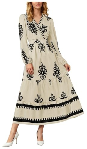 HUALONG Robe de Printemps Bohème à Imprimé Fleuri Manches Longues Col V Fluide et Élégante Robe Plage Longue pour Femme Tenue de Vacances Chic pour Saison Estivale (Beige, L)