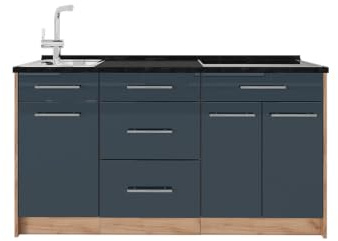 Vicco Köksblock Fame-Line, Mörkblå högblank, 150 cm, AP Antracit, för individuell expansion med kompatibla moduler