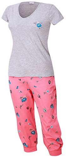 Moonline nightwear Damen Schlafanzug Kurz Capri – Pyjama Set mit Kurzarm Shirt & 3/4 Hose – Weicher Baumwollmix – Sommer Nachtwäsche in Grau/Rosa – Gr. S–XL