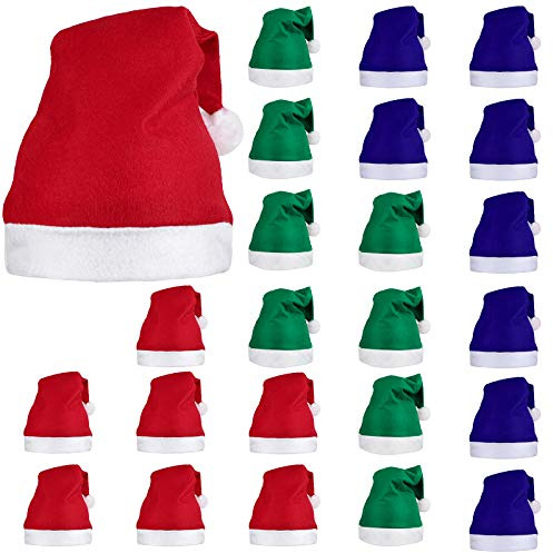 ELCOHO 24 Stück Nikolausmütze Kurzer Plüsch mit weißen Manschetten Vliesstoff Weihnachtsmütze Nikolausmütze für Erwachsene (Blau, Grün, Rot)