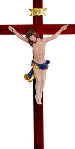 Kaltner Präsente Geschenkidee – Holzkreuz Wandkreuz Kruzifix aus Echtholz Buche Kreuz Mahagoni mit Jesus Christus Figur aus Kunststein handbemalt (Höhe 50 cm)
