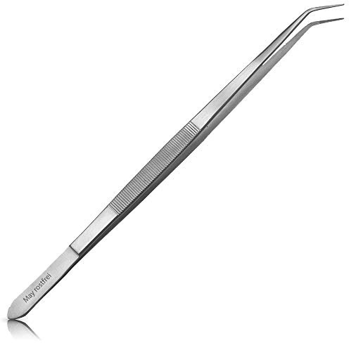 May Aquarium-Pinzette gebogen mit feiner Spitze 30 cm Edelstahl | Langes Werkzeug mit gerieften Flächen für die Unterwasser-Pflege und Bepflanzung