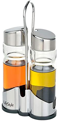 Tradineur - Set de aceitera y vinagrera 175 ml, cristal y acero inoxidable, diseño clásico, recipientes rellenables para aliño, 2 piezas