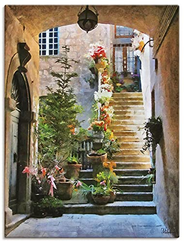 ARTLAND Wanddeko Leinwand Bilder Wandbild 60x80 cm Gemälde Architektur Blumen Italien Städte Kunst Mediterran U2TC