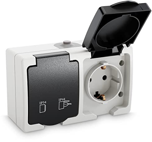 greate Feuchtraum Steckdose Aufputz 2fach - Doppelsteckdose Aufputz mit Klappdeckel IP54, 250V, 16A, 2 polig - Aufputzsteckdose 2fach, Feuchtraumsteckdosen Aufputz, Steckdose Aussenbereich
