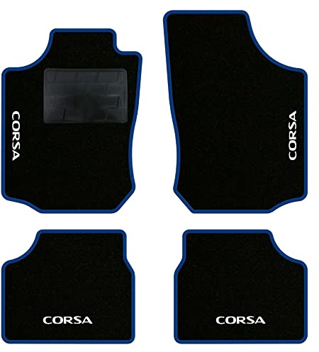 QUEMAR Auto-Fußmatten für Opel Corsa C, blauer Rand, 4 Stickereien | 2000-2006 / Fußmatten-Set aus Teppich und Gummi nach Maß / Set 2 vorne + 2 hinten / Stickerei und personalisierte Farben