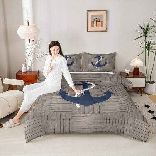 Anchor Comforter Set Queen Size,Wooden Plank Geometric Lattice Patchwork Bedding Set for Kids Boys Adults Bedroom Decor,Ocean Nautical Adventure Down Comforter,Rustic Brown Duvet Insert,2 Pillowcases