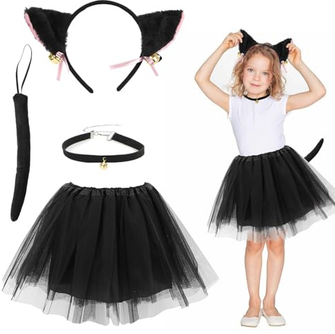 Capaneus Costume da Gatto Bambina, Orecchie Gatto Bambina, Nero Tutu Gonna Tulle, Vestito Gatti di Carnevale Set-1x Cerchietto, 1x Papillon, 1x Collana per Ragazze Carnevale Halloween Festa Cosplay