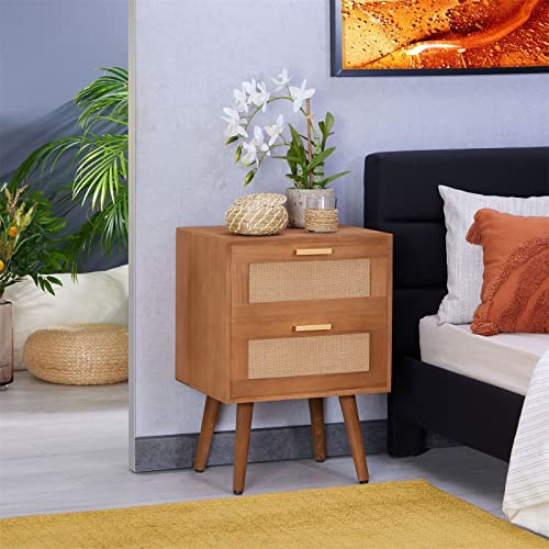 IDIMEX Table de Chevet WAMAN Petite Commode de Nuit avec 2 tiroirs, en Bois de Paulownia lasuré Brun et Lin Naturel, Style Vintage