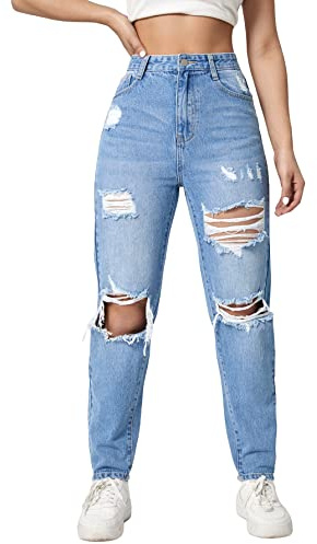 WDIRARA Women's High Waist Button Slant Pocket Ripped Zipper Fly Carrot Denim Jeans Light Wash L