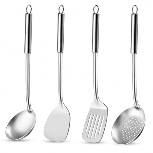 Pleafind Cooking Utensils Set - 4 Pcs Stainless Steel Kitchen Utensils, Wok Utensils Set Includes Spatula, Slotted Spatula, Ladle, Slotted Spoon, Ergonomic Handle & Heat Resistant, Dishwasher Safe