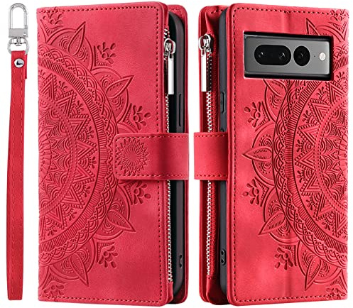 VEEMOS Handyhülle für Google Pixel 7 Pro hülle Klappbar Blumen Handytasche Schutzhülle Klapphülle mit Kartenfach Handy Tasche Book Cover Flip Case Ständer - Rot