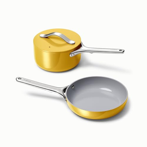 Caraway Mini Cookware Set - Non-Stick Ceramic Fry Pan (1.05 qt, 8) & Sauce Pan (1.75 qt) - Non Toxic, PTFE & PFOA Free - Oven Safe & Stovetop Agnostic (Gas, Electric & Induction) - Marigold