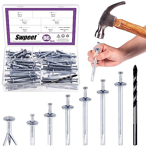 Swpeet 86Pcs 6 Sizes Alloy Steel Concrete Anchors Assortment, Hammer Drive Nail Set, 1/4 Diameter, Approx 1-3/16 1-9/16 2 2-3/8 2-3/4 3-2/13 Length, with Drill Bit Approx 1/4 for Concrete
