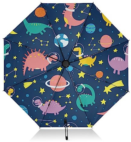FRODOTGV Lustiger Dinosaurier-Regenschirm, Aliens, Weltraumplaneten, kompakter Regenschirm, zusammenklappbar, umgekehrter Reise-Regenschirm für Regen, Sonne, 8 Rippen, groß, winddicht, UV-Regenschirm,