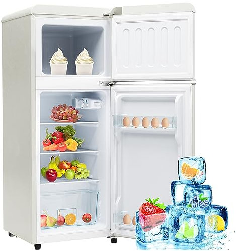 Réfrigérateur rétro avec congélateur,105.5x41cm,deux portes,92L de capacité,pieds réglables,181kWh/an,-27°C ~13°C,éclairage LED,Petit réfrigérateur silencieux