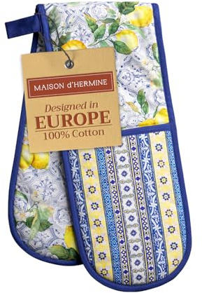 Maison d' Hermine Double Oven Mitts 100% Double Cotton Oven Glove 18 x 89cm | Heat Resistant BBQ Cooking Gloves with Loop Baking Grilling Kitchen Hotel Home Farmhouse Spring Summer - Citrus