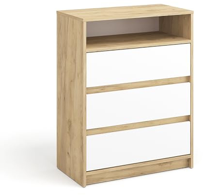 KOMTO Kommode mit 3 Schubladen - Komodenschrank für Schlafzimmer Schubladenkommode mit 1 offenen Fächern für Wohnzimmer | Sideboard Leon Honig Eiche/Weiß 70 x 37 x 90 cm