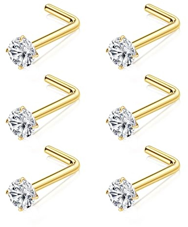 Chriscoco G23 Titan Nasenpiercing Stecker Nasenstecker Nostril Piercing | 18G/20G Piercing Nase Gold Silber für Damen Herren,3mm CZ Nasenpiercing Set,L Form Screws Nose Piercing
