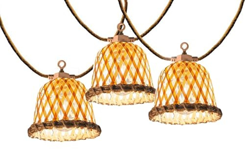 MALY LIGHT HYBRID LED-Lichterkette für den Außenbereich, anschließbar, 10 natürliche Rattan-Lampenschirme, warmweiß, 8 m, solarbetrieben und mit Netzanschluss