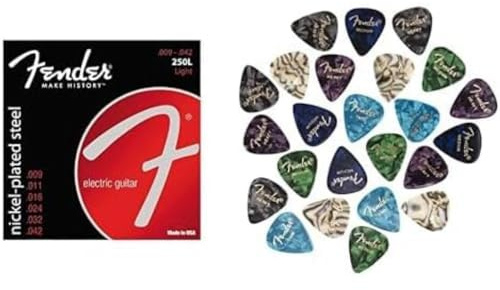 Bundle of (6) Fender Bass-Saiten aus vernickeltem Stahl, Runddraht, 1 Stück 9-42 Super 250's + Fender 351 Shape Premium Celluloid Picks 24 Count Multi-Colour Guitar Picks