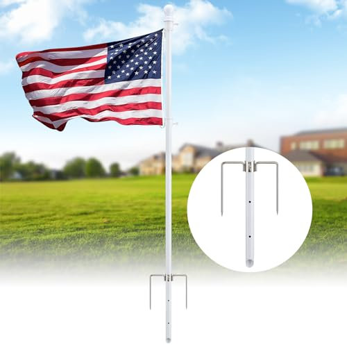 Strapazierfähiges Bodenflaggenmast-Set mit 9,6 x 12,7 cm US-Flagge, 2,5 m, verhedderungsfrei, mit winddichter Zinke, tragbarer Fahnenmast für draußen, Haus, Hof, Outdoor, Camping, Weiß, 1 Stück