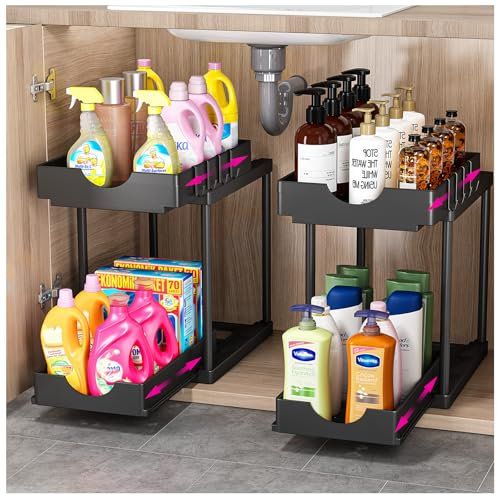 PurKeep Küchen Organizer Küchenschrank Organizer - 2 Stück ziehbar, 2 Etagen Küchenaufbewahrung unter der Spüle, Unterschrank-Organizer mit Haken, für Badezimmer, Küche, Arbeitsplatte, Schwarz