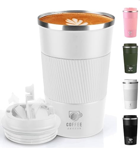 Coffee Jacket Travel Mug 380ml – Insulated Stainless Steel Reusable Coffee Cup with Leakproof Lid – Thermal Mug for Hot & Cold Drinks, Fits Car Cup Holders (Artic White)