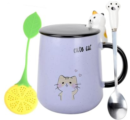Katze Tassen,Keramik Kaffeebecher, Süß Cat Teetassen Handgemacht, mit Deckel und löffel, Einzigartig Heiß Schokolade Neuheit Becher, Weihnachten, Geburtstag zum Mädchen Frauen (Lila)