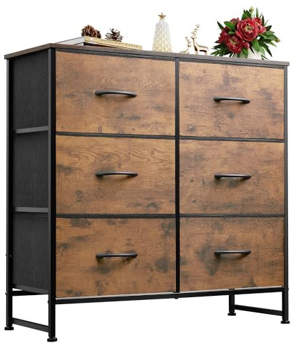WLIVE Kommode mit 6 Schubladen aus Stoff, Kommodenschrank für Schlafzimmer, Kommode Wohnzimmer, mit Stabiler Stahlrahmen, Holzplatte, Vintagebraun-Schwarz