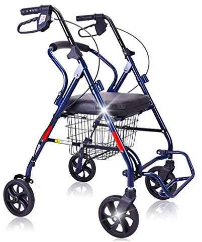 Robuster Rollator, mit Sitz und verstellbaren Armlehnen, großen 8-Zoll-Rädern und abnehmbarer Rückenstütze, mit Pedalen.