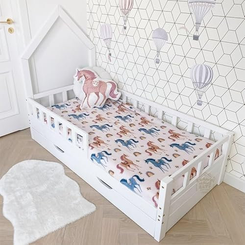 Hausbett 70x160 Mit Rausfallschutz Weiß - Lilo Nuo - Kinderbett mit Bettkasten - Kinderbett Haus - Rausfallschutz Bett Holz für Kinderzimmer - Kinderbett Mädchen und Jungen