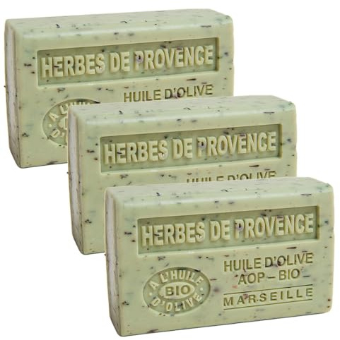 Label Provence Nature Savon de Marseille – Französische Peeling-Seife aus reinem Bio-Olivenöl und Sheabutter – Kräuter der Provence-Duft – 125 g Riegel – 3er-Set