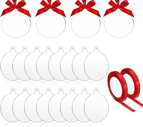 JMNHSOA 50 Stücke Acrylscheibe Weihnachtskugel Deko,Transparenten Acrylscheibe Weihnachten mit Rotem Band Acrylplatten Christbaumkugeln Acrylscheibe für Weihnachten Dekoration Basteln(7.6cm)