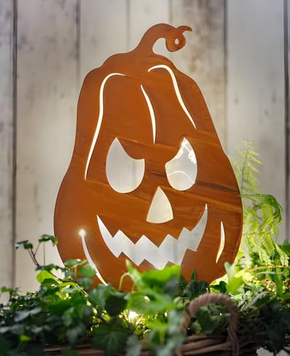 Dekoleidenschaft Gartenstecker Kürbis aus Metall, Echt-Rost, mit LED Beleuchtung, 55 cm hoch, Roststecker, Outdoor Halloweendeko, Gartendeko für Draußen, wetterfest, Pflanzenstecker, Rostdeko