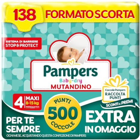 Pampers Baby Dry Mutandino Maxi, Taglia 4 (8-15 kg), Formato Scorta, Barriera Stop&Protect, Anti-Fuoriuscite, Fascia Elastica, Asciutto 12h, Cambio Facile, 138 Pannolini Bambino + 500 Punti Omaggio