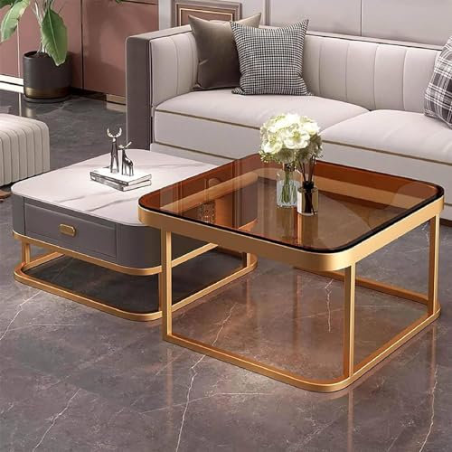 Marmor soffbord häckningsset MSmall fyrkantigt glasbord 2 i 1 rostfritt stål ram sidobord för vardagsrum och kontor ljus lyxig design.