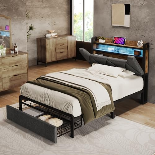 Fppuueg Cama 90x200 con Iluminación LED y Cajón, Cama Infantil con Puerto USB y Tipo C, Camas Juveniles con Cabecero, Cama Tapizada, Cabecero con Espacio de Almacenaje, Gris, Lino, Sin Colchón