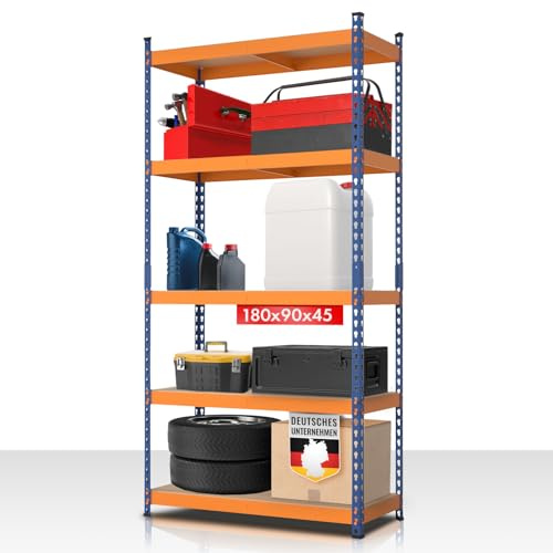 KARAT Schwerlastregal, Kellerregal, Lagerregal mit Stahlgestell 1050 kg Traglast (Blau-Orange, 180 x 90 x 60 cm) Rhino