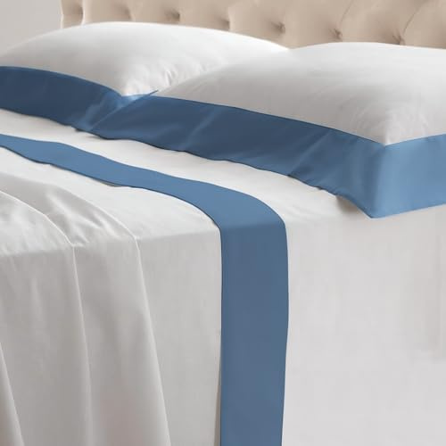 Riad Arredo Set Completo Letto Matrimoniale in 100% Cotone 180TC Italiano PERCALLE e Balze RASO - Set Lenzuola Morbidissime Tinta Unita con Balze in Raso SATIN Artigianali Made in Italy (Azzurro)