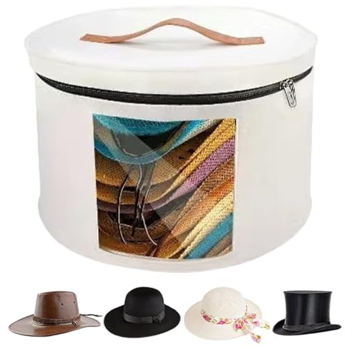 Muzrunq Caja de Sombrero Redonda, Caja de Sombrero de 16x10 Pulgadas con Mango Organizador de Almacenamiento de Fieltro portátil con Tapa con Cremallera y Ventana Visual para hogar, Viaje, Blanco.