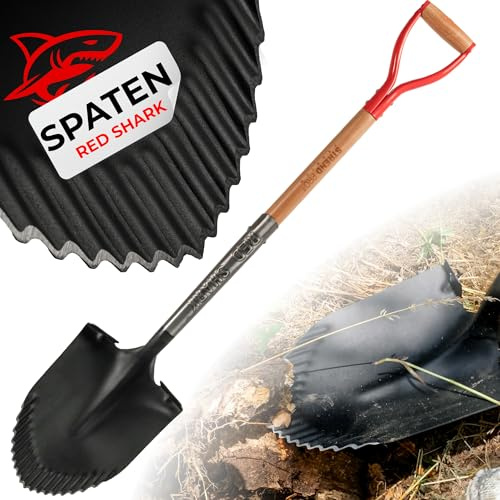 STREND PRO Spaten | Premium RedShark Gärtnerspaten | Spitz | Spitzspaten mit Holzstiel | D Spatenstiel | Spaten für Garten mit Stabiler Stahlkopf |für Harte, steinige Böden|Wurzelspaten Gartenarbeit
