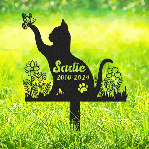 Personalized Cat Memorial Grave Marke, Personalised Butterflies Flowers Cat Memorial Garden Stake, Custom Metal Pet Grave Markers for Cats Memorial Plaque Yard Sign Cemetery Decorations