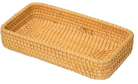 Bandeja rectangular pequeña de mimbre – Bandeja de almacenamiento de ratán poco profunda para llaves, mesa de café, tocador, organiza control remoto, joyas, cosméticos en sala de estar y dormitorio